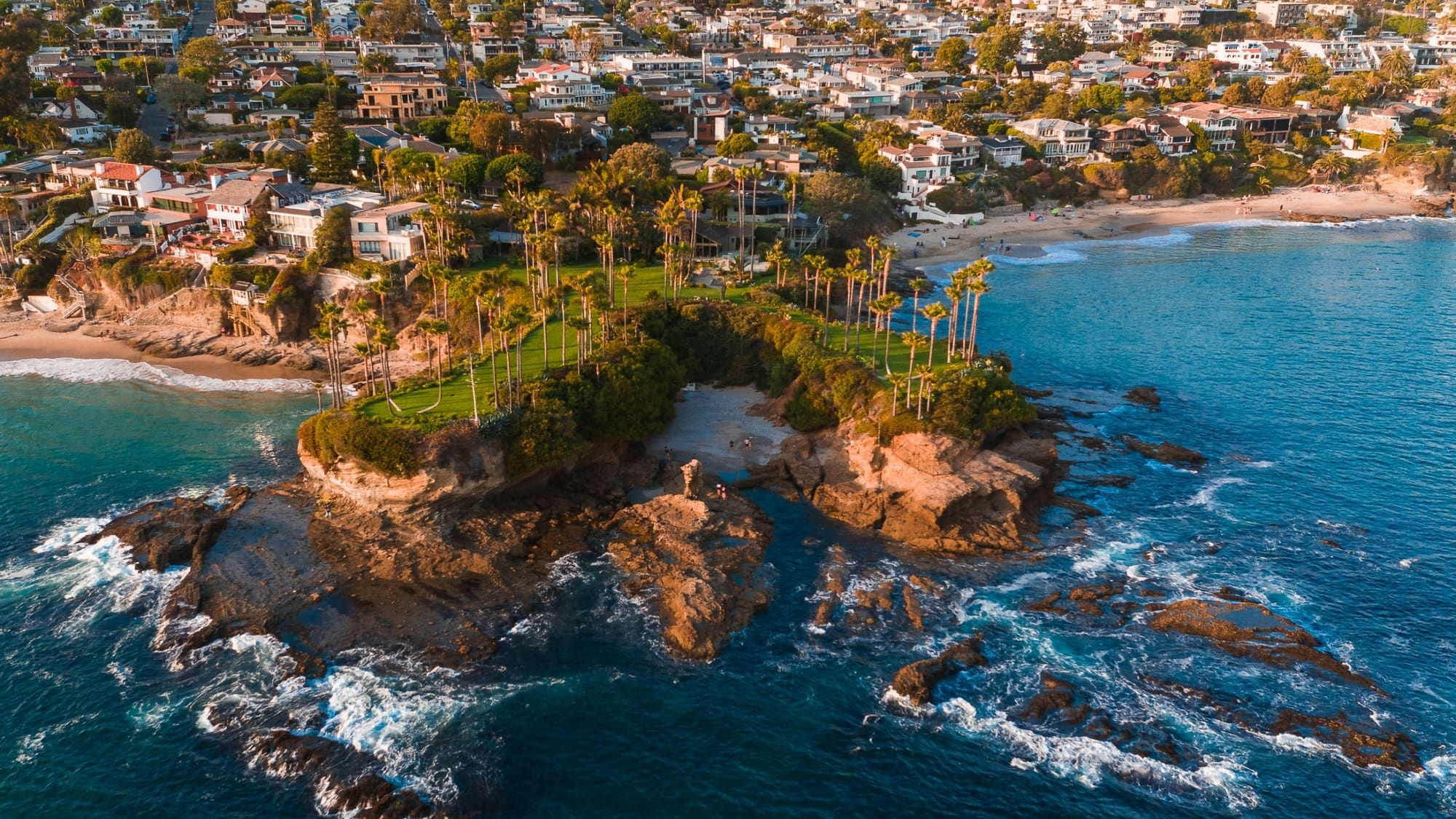 Aerial drone photo of Twin Points in Laguna Beach with oceanfront estates