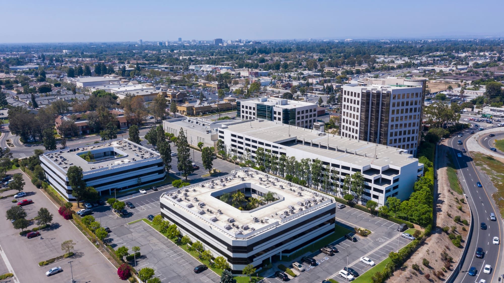 Aerial photo of Santa Ana office buildings and commercial corridors