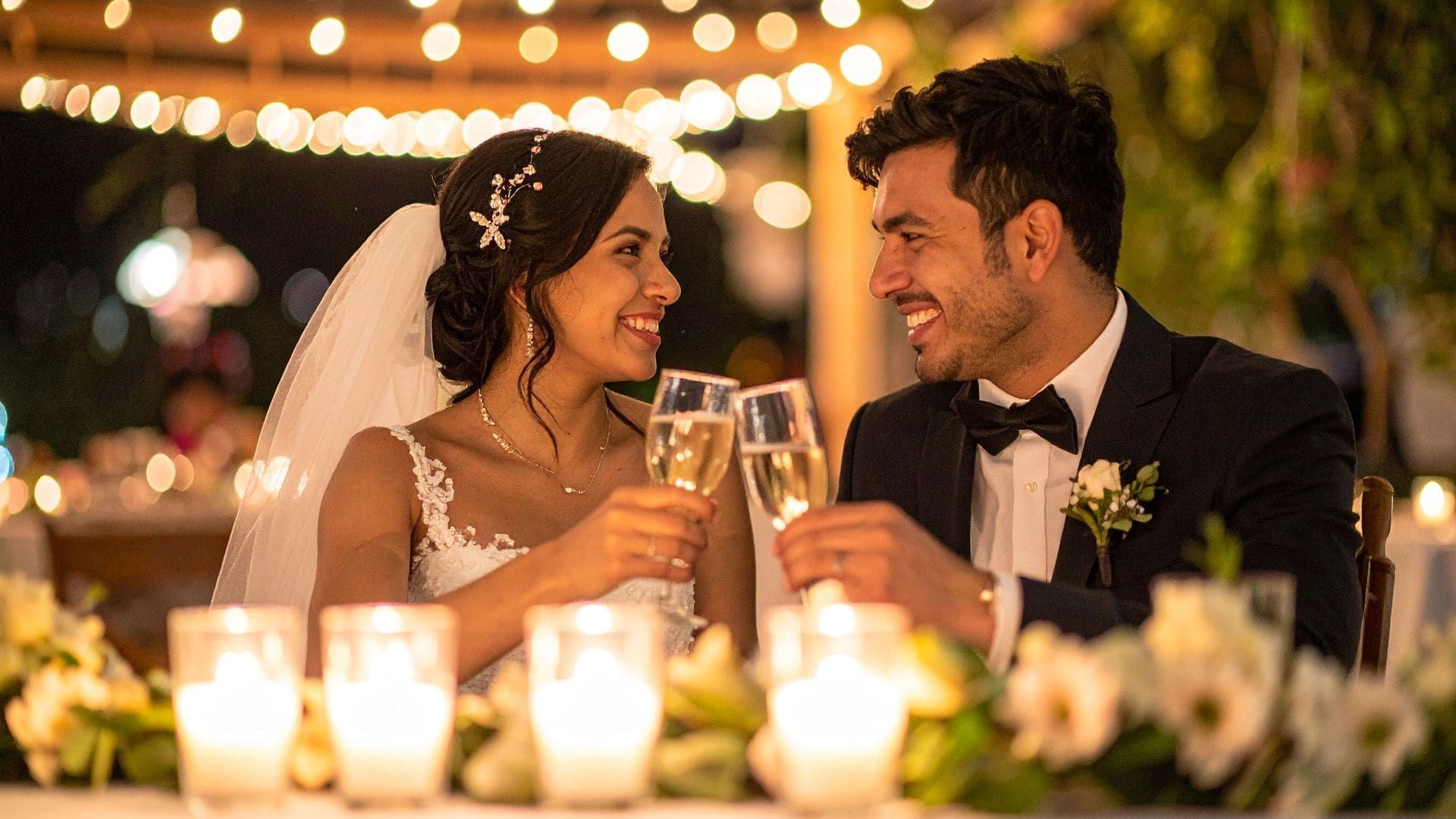 Bride and groom toasting champagne under string lights at an evening wedding reception